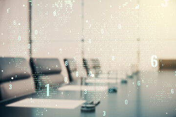 Poster - Double exposure of abstract programming language hologram and world map on a modern meeting room background, research and development concept