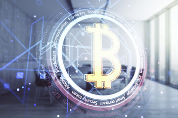 Poster - Double exposure of creative Bitcoin symbol hologram on a modern boardroom background. Mining and blockchain concept