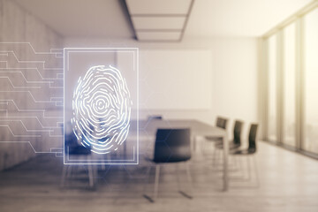 Aufkleber - Abstract virtual fingerprint illustration on a modern coworking room background, personal biometric data concept. Multiexposure