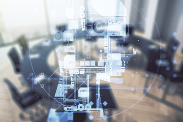 Poster - Double exposure of creative artificial Intelligence hologram on a modern meeting room background. Neural networks and machine learning concept