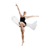 Creativity, ballet and woman doing classical dance for concert, performance or theater training. Art, moving and flexible female ballerina practicing posture isolated by transparent png background.