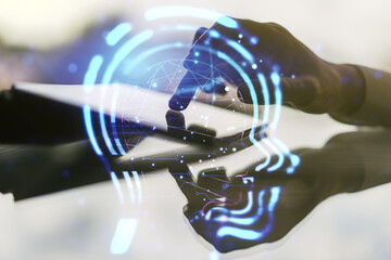 Poster - Creative artificial Intelligence concept with human head sketch and finger presses on a digital tablet on background. Double exposure