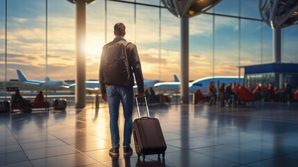 Rear view of a young man walking near a public transport building with luggage. A business traveler pulls a suitcase into a modern airport terminal. Travel concept