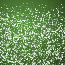 Snowy Christmas Background. Subtle Flying Snow Flakes And Stars On Christmas Green Background. Delicate Sweet Snowy Christmas. Square Vector Illustration.