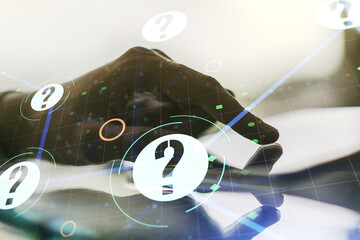 Aufkleber - Creative abstract question mark sketch and hand working with a digital tablet on background, FAQ and research concept. Double exposure
