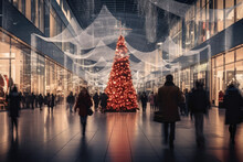Shopping Mall With Stores, Christmas Tree With Decoration And Crowd Of People Looking For Present Gifts. Abstract Blurred Defocused Image Background. Christmas Holiday, Xmas Shopping, Sale