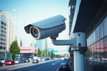 Wall Mural - CCTV Camera on the road with Blurred traffic on the road