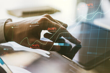 Poster - Multi exposure of stats data illustration with finger presses on a digital tablet on background, computing and analytics concept