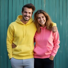 Illustration of a fashioncouple  portrait with plain hoodie mockup, AI Generated