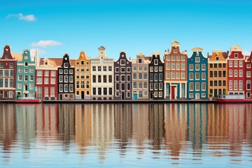 Poster - Amsterdam, Netherlands. Colorful houses on the banks of the canal. Amsterdam Netherlands dancing houses over river Amstel landmark, AI Generated