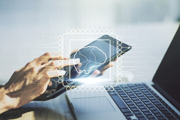 Poster - Creative artificial Intelligence concept with human brain hologram and finger clicks on a digital tablet on background. Multiexposure