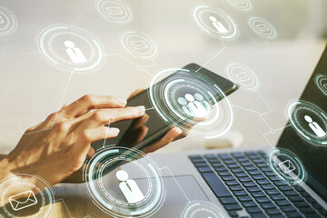Poster - Social network media concept with finger presses on a digital tablet on background. Double exposure