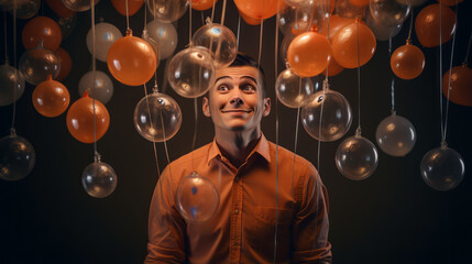 Happy man with colorful air balloons. Holiday concept