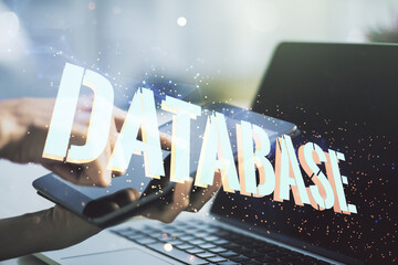 Aufkleber - Double exposure of Database word sign with finger clicks on a digital tablet on background, global research and analytics concept