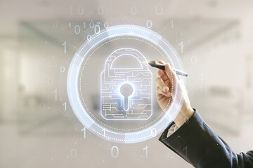 Aufkleber - Man hand with pen draws virtual creative lock symbol and microcircuit illustration on blurred office background. Protection and firewall concept. Multiexposure