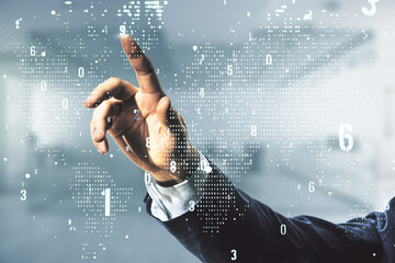Aufkleber - Multi exposure of programmer's hand working with abstract creative coding sketch and world map on blurred office background, artificial intelligence and neural networks concept