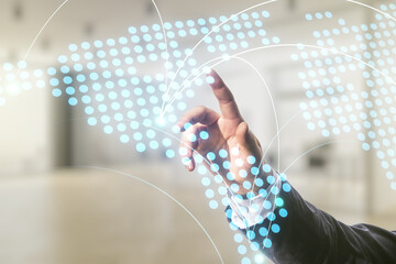 Poster - Man hand working with abstract virtual world map with connections on blurred office background, international trading concept. Multiexposure