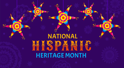 Wall Mural - National hispanic heritage month banner with pinata stars on spanish mexican floral pattern background. Hispanic community culture festival vector poster with bright color paper pinatas and flowers