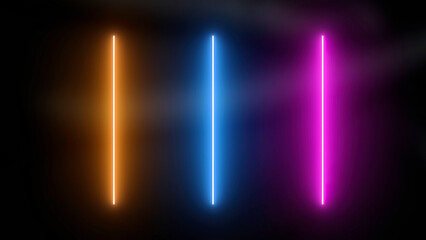 Poster - Black background with three multicolored glowing stripes. Motion. Orange, blue and pink stripes in the animation that sparkle.