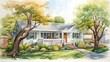 Cozy suburban home watercolor illustration - Generative AI.