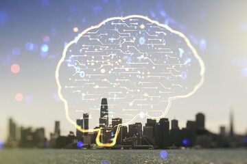 Poster - Virtual creative artificial Intelligence hologram with human brain sketch on San Francisco skyline background. Multiexposure