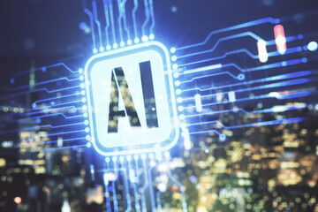 Aufkleber - Double exposure of creative artificial Intelligence icon on blurry cityscape background. Neural networks and machine learning concept