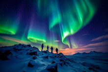 Northern Lights Expedition: Hiking Under The Aurora In Lapland's Snowy Wonderland. Chasing The Arctic Glow. Stunning Aurora Borealis