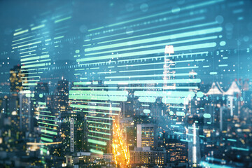 Poster - Multi exposure of abstract graphic world map hologram on San Francisco office buildings background, connection and communication concept