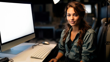 Portrait of a beautiful girl against the background of an office room with a computer. Professions concept