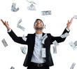 © Sumeet/peopleimages.com - Happy businessman, money rain and celebration for winning or lottery isolated on a transparent PNG background. Rich man smile in cash flow and paper bills falling for financial freedom or investment