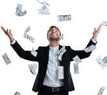 Happy Businessman, Money Rain And Celebration For Winning Or Lottery Isolated On A Transparent PNG Background. Rich Man Smile In Cash Flow And Paper Bills Falling For Financial Freedom Or Investment