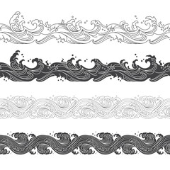 Wall Mural - water wave ripple shape oriental outline and silhouette retro ornament seamless pattern set