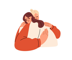 Wall Mural - Mature mother and adult daughter hugging. Young woman embracing old mom with love, trust, care and support. Bonding relationships in family. Flat vector illustration isolated on white background