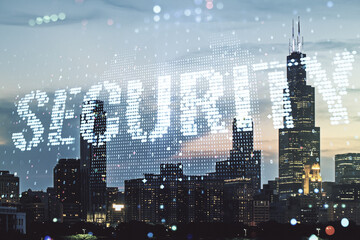 Poster - Virtual cyber security creative concept on Chicago city skyline background. Double exposure