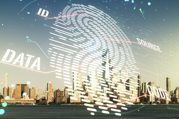 Aufkleber - Double exposure of virtual creative fingerprint hologram on New York city skyscrapers background, research and development concept