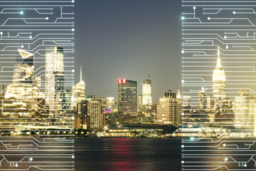 Aufkleber - Double exposure of abstract virtual circuit hologram on New York city skyscrapers background. Research and development hardware concept