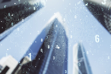 Poster - Multi exposure of abstract creative coding sketch and world map on office buildings background, artificial intelligence and neural networks concept