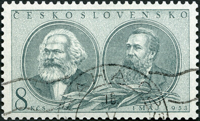 Wall Mural - CZECHOSLOVAKIA - 1953: shows portrait Karl Marx (1818-1883), Friedrich Engels (1820-1895), Labor Day May 1, 1953