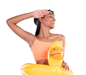 Wall Mural - Happy woman, portrait and swimming with inflatable duck or salute with toy on vacation on isolated or transparent png background. Excited, girl and swim in pool with funny floatie, bikini or swimwear