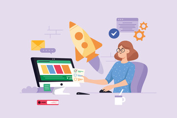 Aufkleber - Business startup violet background concept with people scene in the flat cartoon style. Girl implements her business ideas and launches a startup.  illustration.
