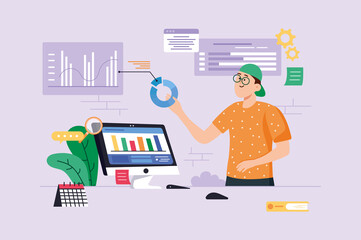 Aufkleber - Data analysis violet background concept with people scene in the flat cartoon design. Man analyzes data and information presented in tables and diagrams.  illustration.