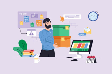 Aufkleber - Deadline violet background concept with people scene in the flat cartoon style. Man is trying to complete many tasks before the deadline.  illustration.