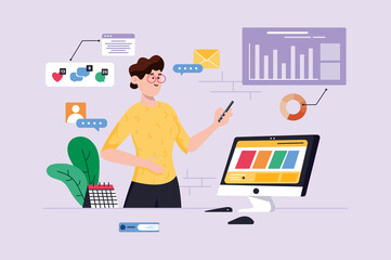 Aufkleber - Digital marketing violet background concept with people scene in the flat cartoon style. Marketer transfers all his work to the computer in order to switch to digital marketing.  illustration.