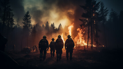 Wall Mural - a group of firefighters on a forest fire a view from the back against the background of wildfire in the forest fiction, computer graphics