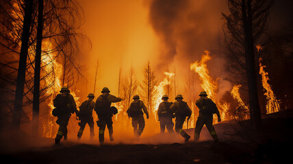 Wall Mural - a group of firefighters on a forest fire a view from the back against the background of wildfire in the forest fiction, computer graphics