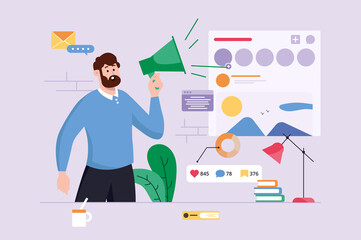 Poster - social media violet background concept with people scene in the flat cartoon design. man works on pr