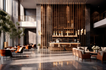 Contemporary Restaurant Reception Area Design - Stylish Furniture and Interior Decor. Modern Furniture and Interior Elements

