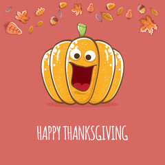 Sticker - Happy thanksgiving day banner or greeting card with funny cartoon cute orange smiling pumkin isolated on brown background. Celebration text with pumpkin and autumn leaves for poster, label