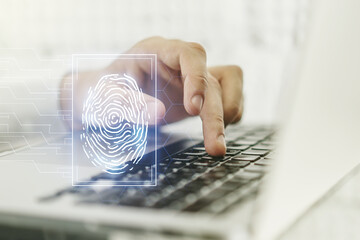 Poster - Abstract creative fingerprint illustration with hands typing on laptop on background, personal biometric data concept. Multiexposure