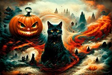 Halloween Pumpkin Cat Black Orange, AI